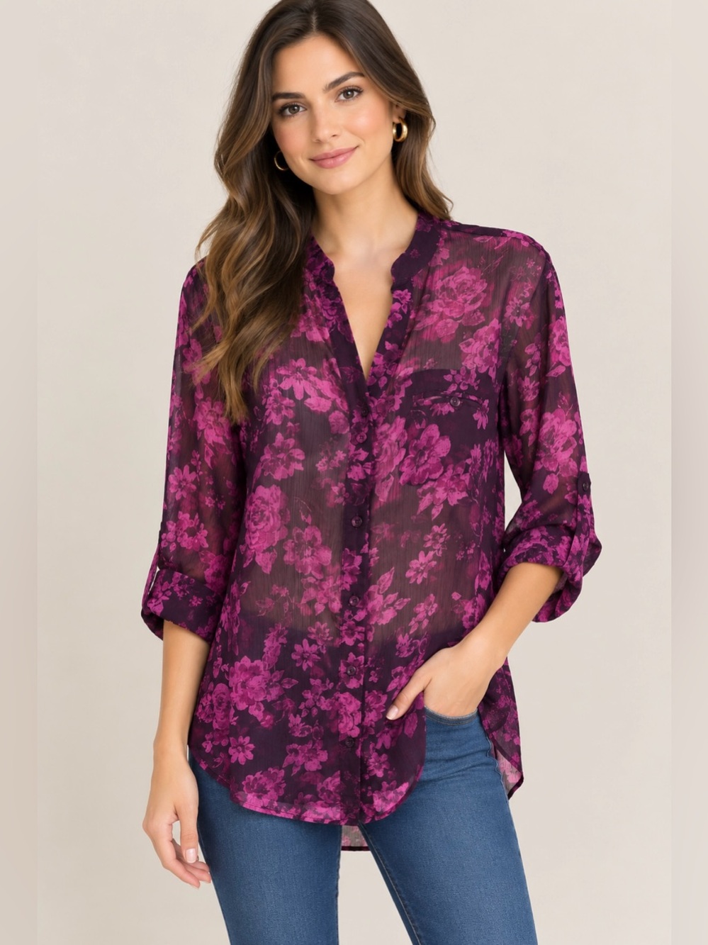 Kut from the Kloth Sheer Floral Button-Up Blouse in Magenta and Black,Sz S